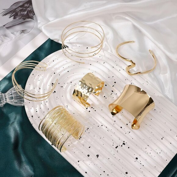 6Pcs Arm Cuff Upper Arm Band Chunky Gold Cuff Bracelets for Women Adjustable Upp - Picture 2 of 6